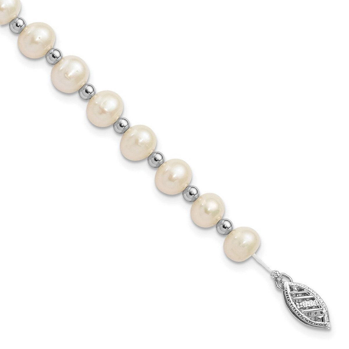 Curata 14k White Gold Pearl clasp Bead and 6 7mm White Freshwater Cultured Pearl Bracelet 7 Inch