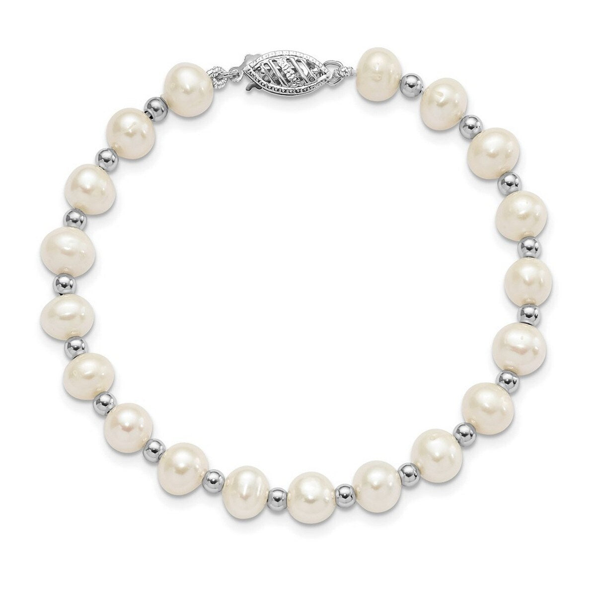 Curata 14k White Gold Pearl clasp Bead and 6 7mm White Freshwater Cultured Pearl Bracelet 7 Inch