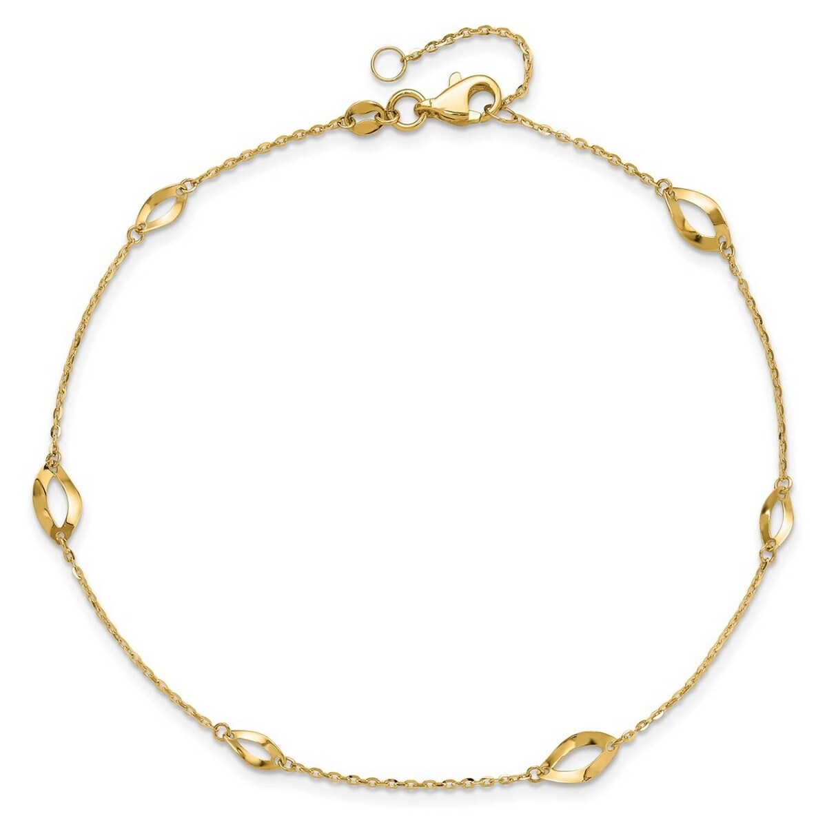 Curata 14k Yellow Gold 6 station Oval Link Plus 1in Ext Anklet 9 Inch