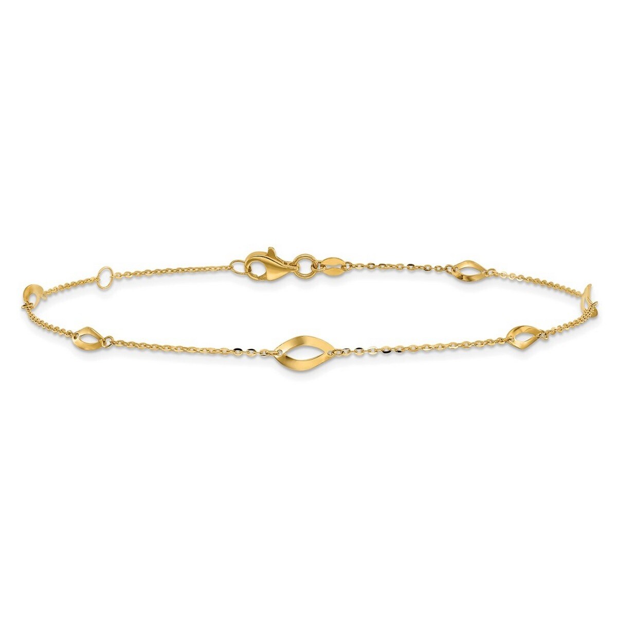 Curata 14k Yellow Gold 6 station Oval Link Plus 1in Ext Anklet 9 Inch