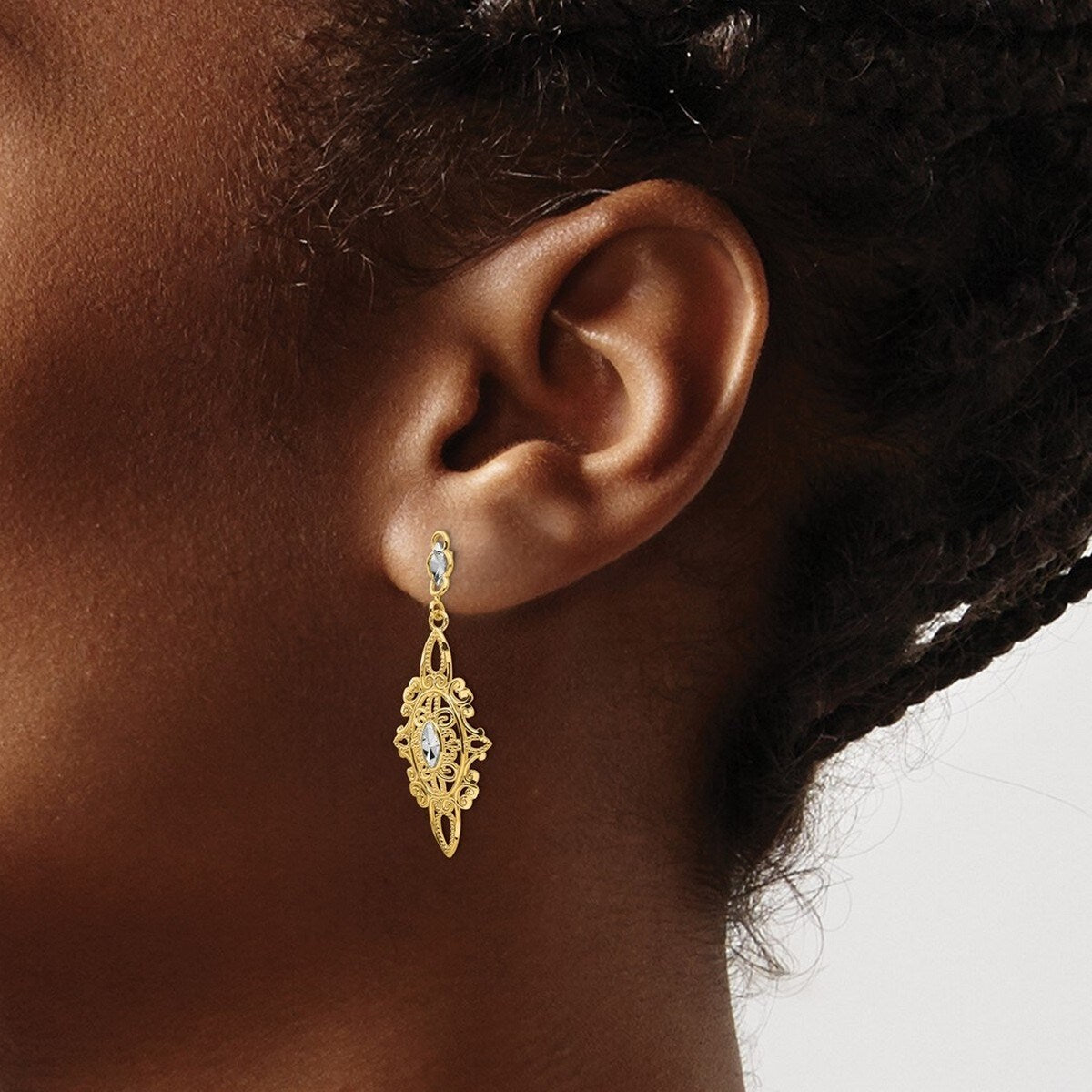 Curata 14k Yellow Gold Dangle Rhodium Sparkle Cut Filigree Dangle Earrings 36x13mm