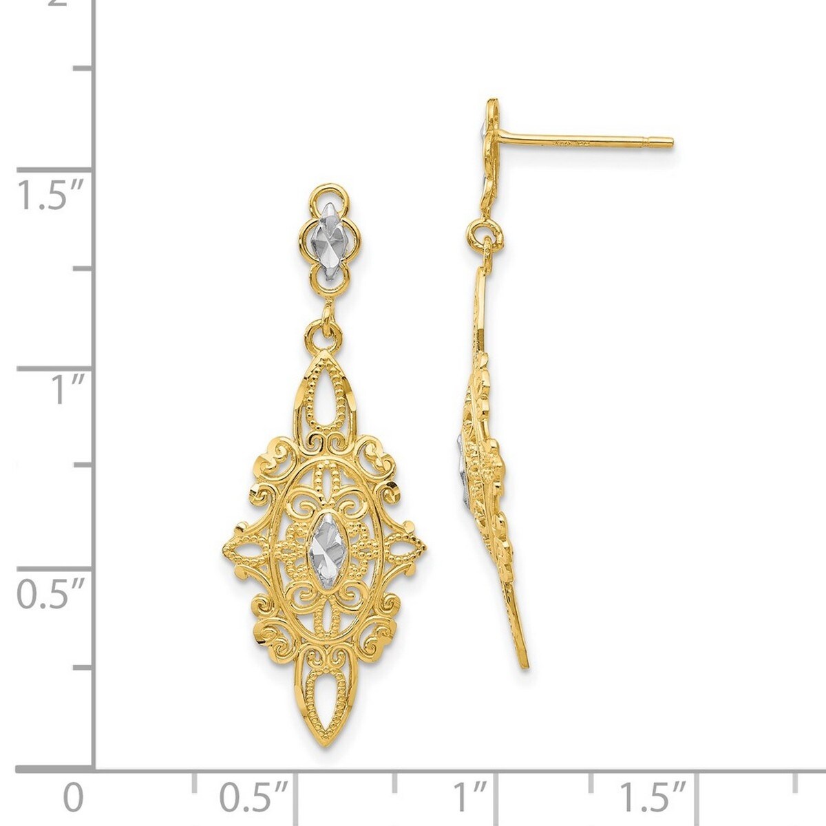 Curata 14k Yellow Gold Dangle Rhodium Sparkle Cut Filigree Dangle Earrings 36x13mm