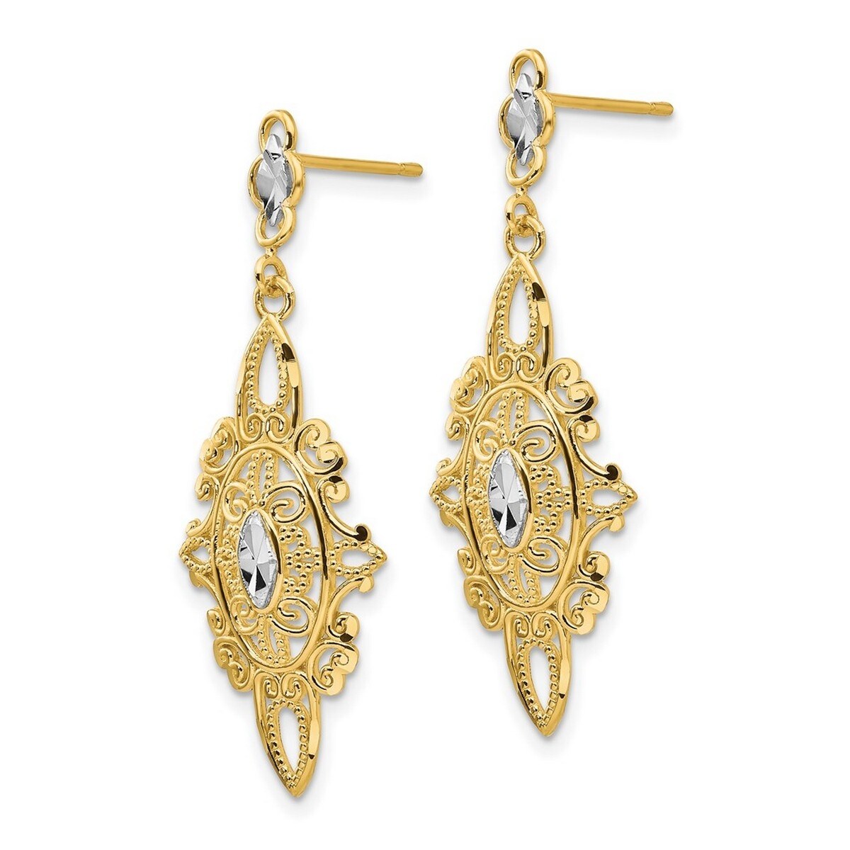 Curata 14k Yellow Gold Dangle Rhodium Sparkle Cut Filigree Dangle Earrings 36x13mm