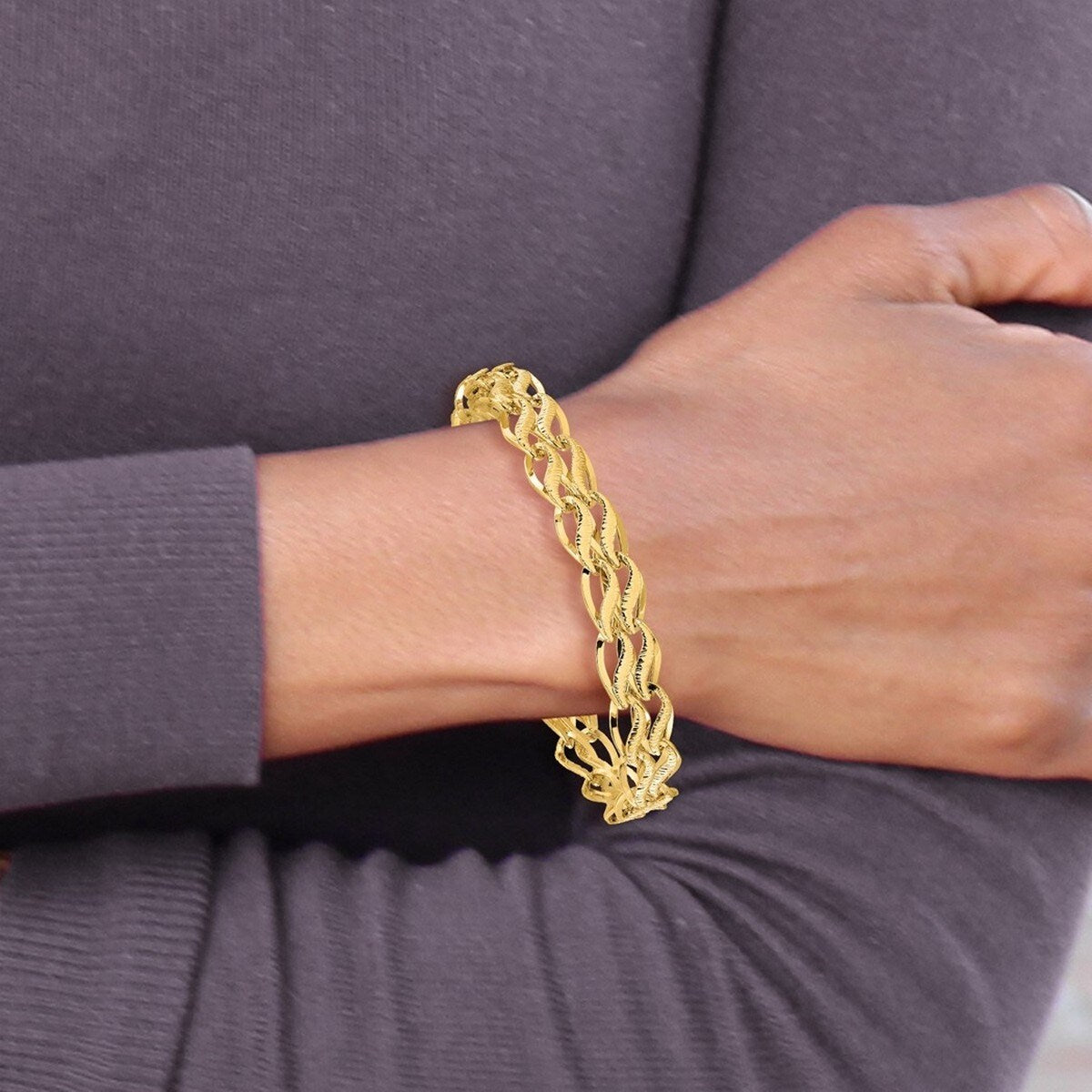 Curata 14k Yellow Gold Hollow Textured Polished Sparkle Cut Bracelet 8 Inch