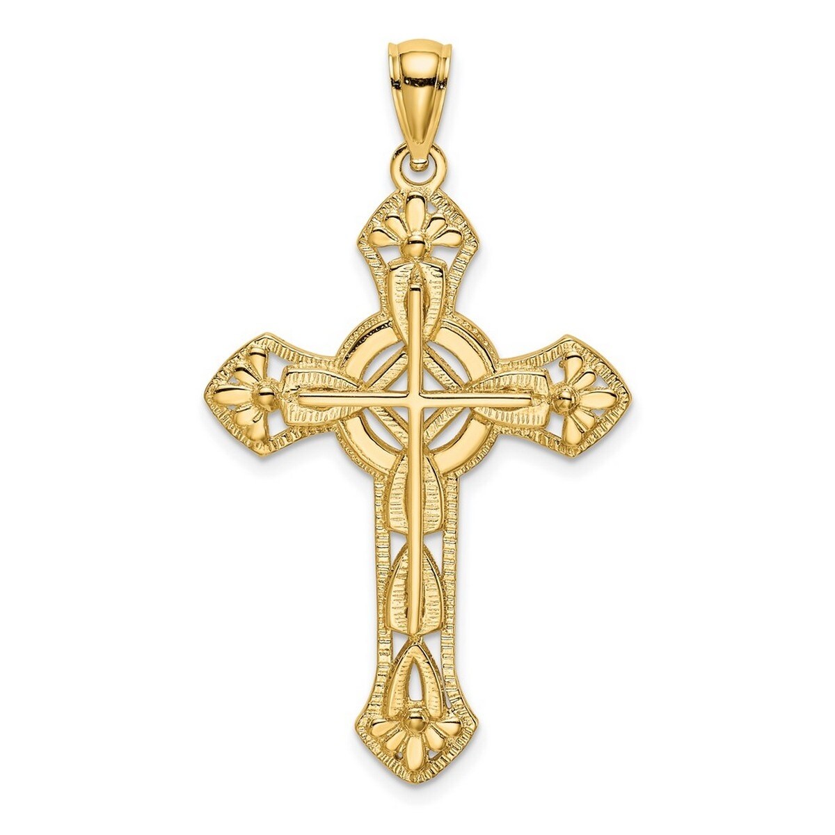 Curata 14k Yellow Gold Large Floral Textured Cross Necklace 22mm x 33mm