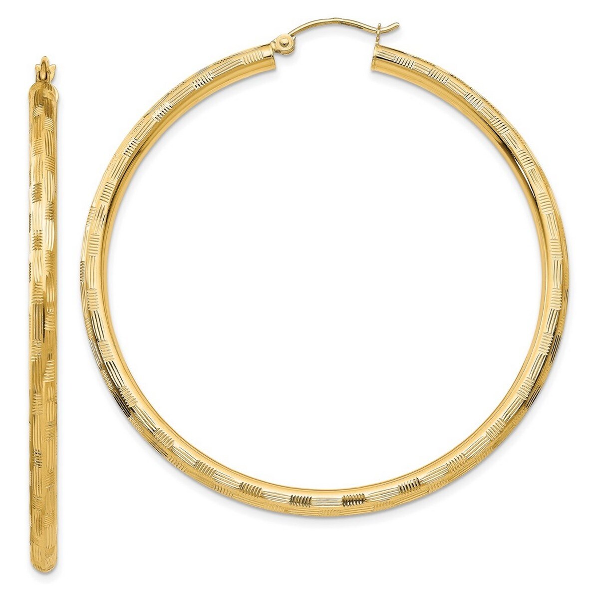 Curata 14k Yellow Gold Textured Checkerboard 55x3mm Hoop Earrings