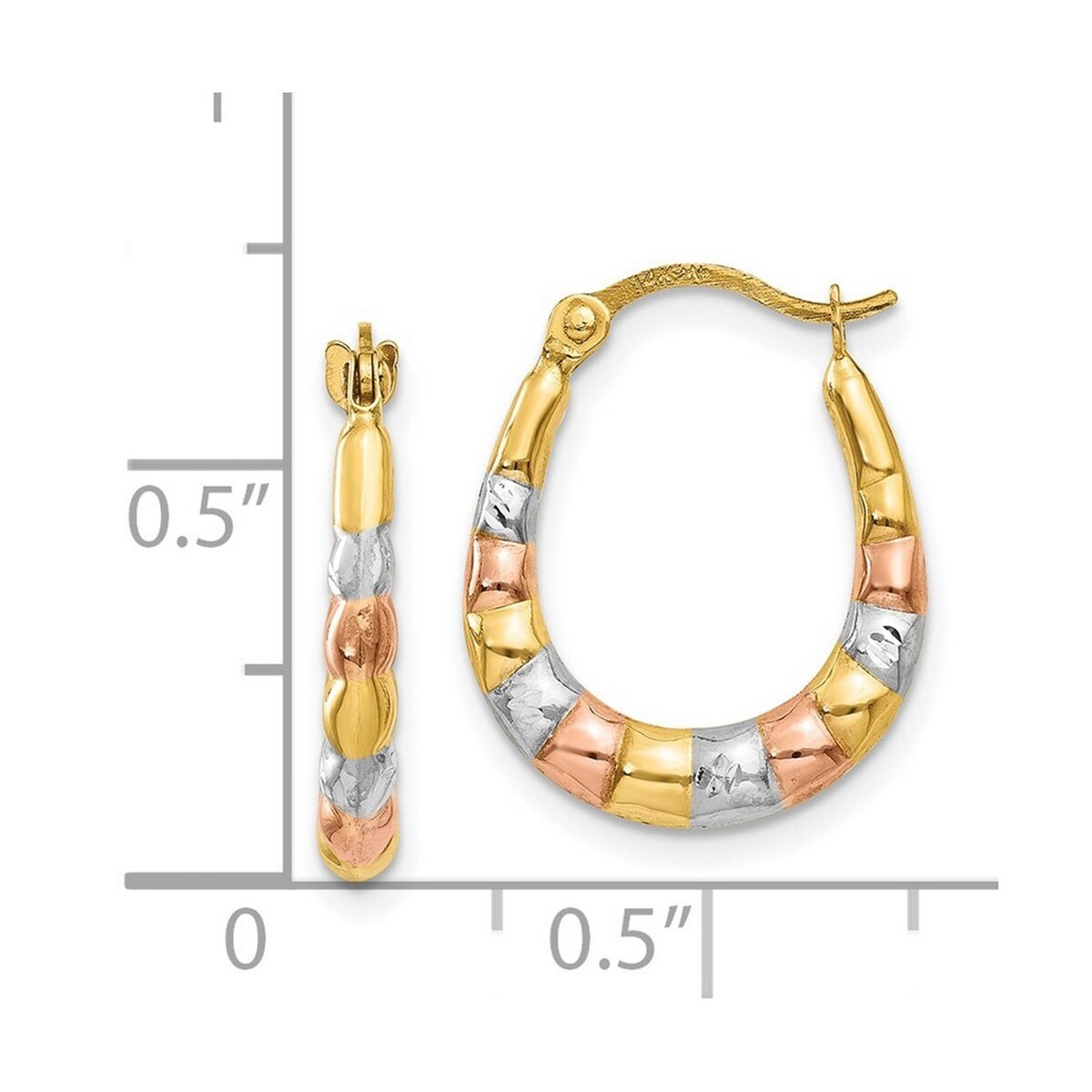 Curata 14k Yellow Gold and White And Rose Rhodium 3x16mm Scalloped Hoop Earrings