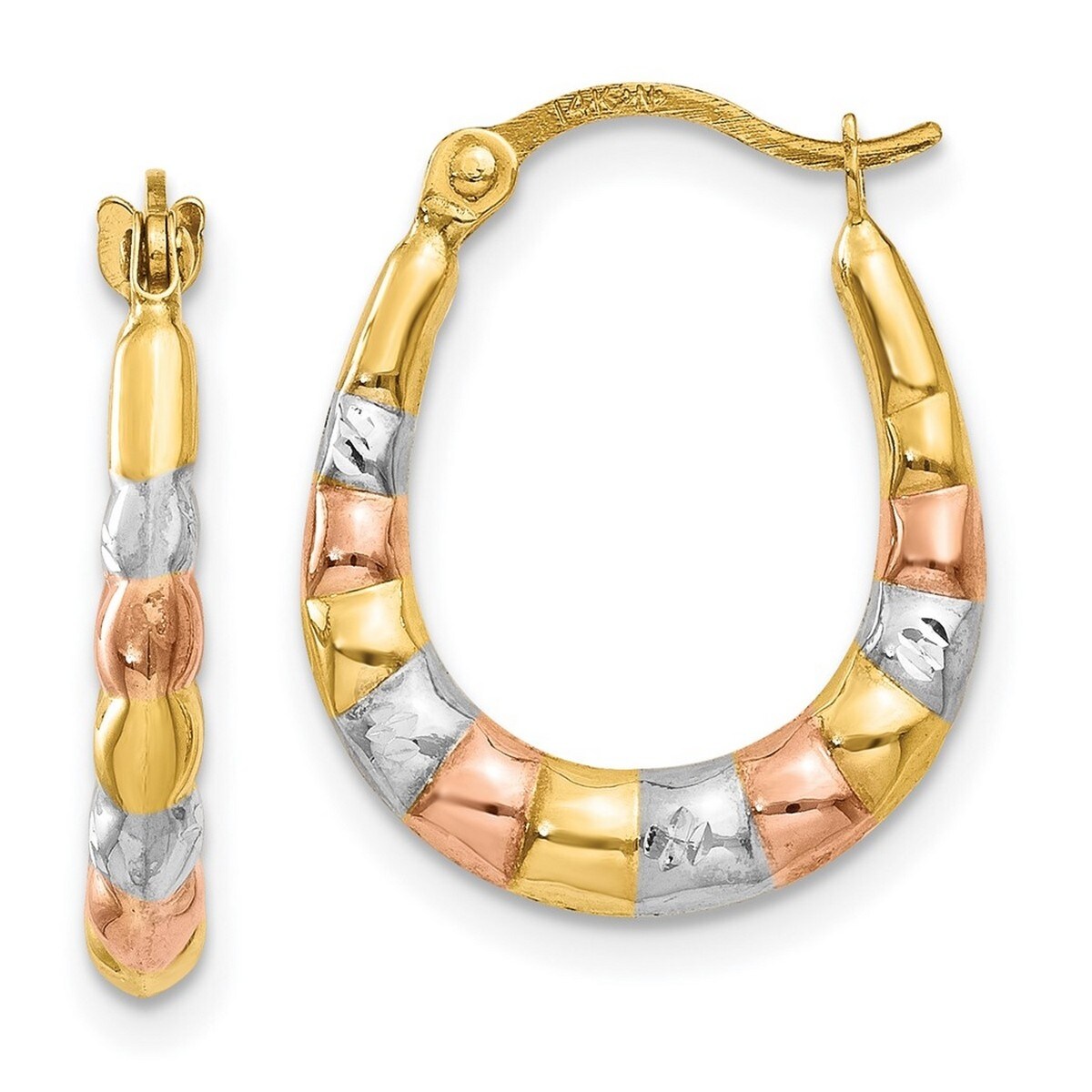 Curata 14k Yellow Gold and White And Rose Rhodium 3x16mm Scalloped Hoop Earrings