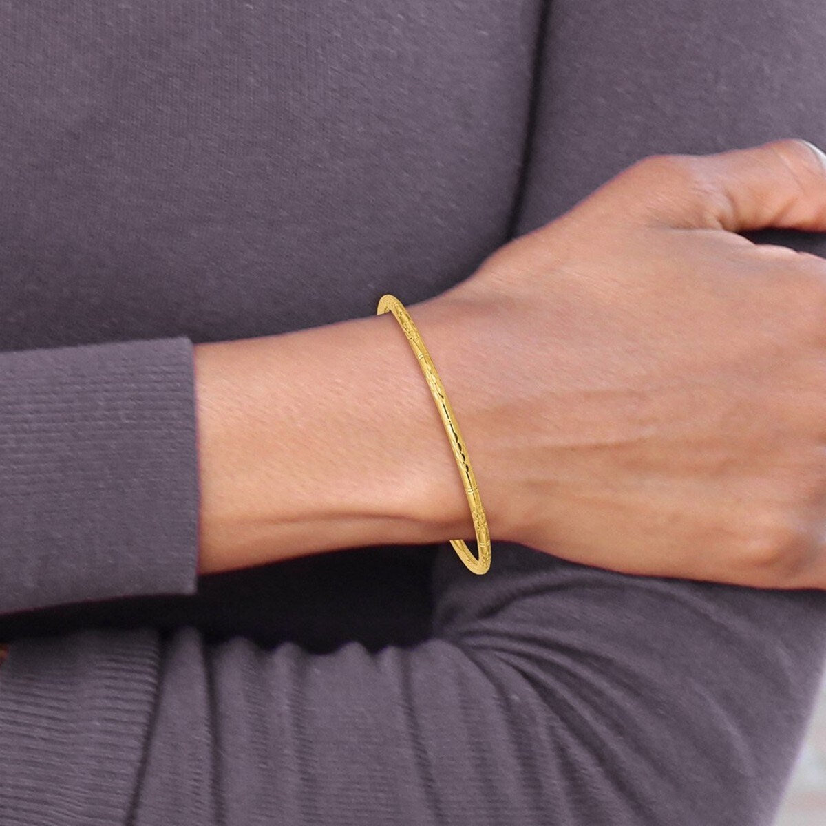 Curata 3mm 14k Yellow Gold Sparkle Cut Slip Cuff Stackable Bangle Bracelet