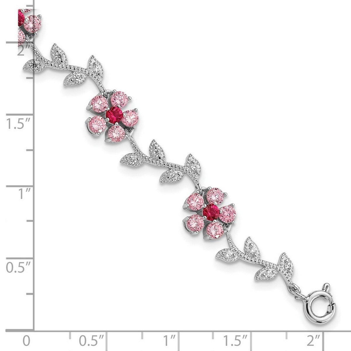 Curata 925 Sterling Silver Polished Pink and Clear CZ Cubic Zirconia Simulated Diamond Flower Bracelet 7.75 Inch Spring Ring