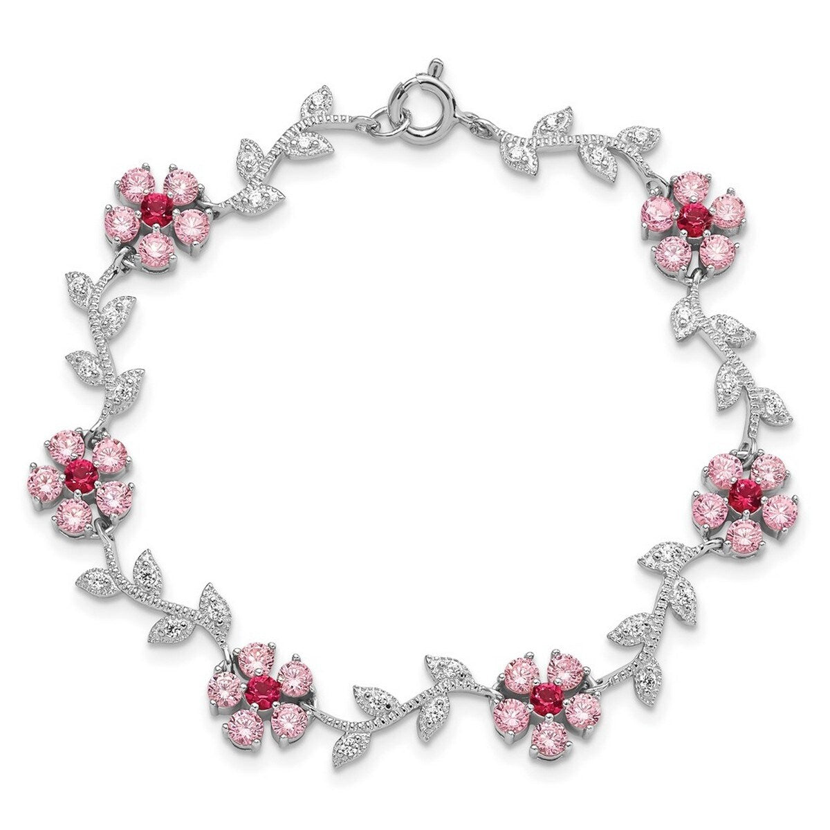 Curata 925 Sterling Silver Polished Pink and Clear CZ Cubic Zirconia Simulated Diamond Flower Bracelet 7.75 Inch Spring Ring