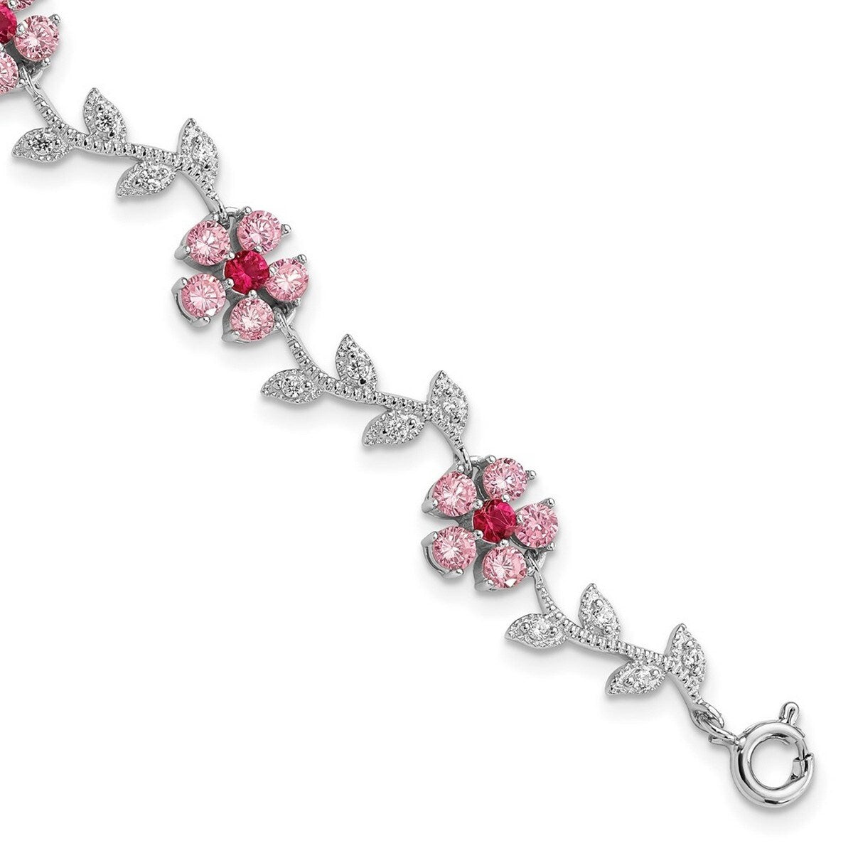 Curata 925 Sterling Silver Polished Pink and Clear CZ Cubic Zirconia Simulated Diamond Flower Bracelet 7.75 Inch Spring Ring