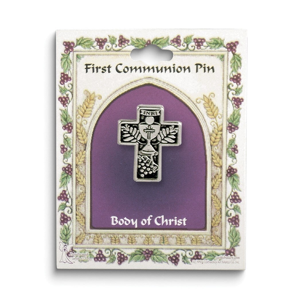 Curata Bright Pewter First Communion Cross Lapel Pin Carded