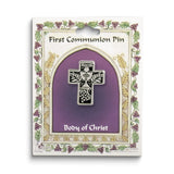 Curata Bright Pewter First Communion Cross Lapel Pin Carded