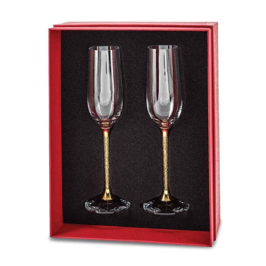 Curata Luxury Giftware Set of 2 Toasting Flute Glasses with 24k Gold Flake Filled Stems with Gift Bag