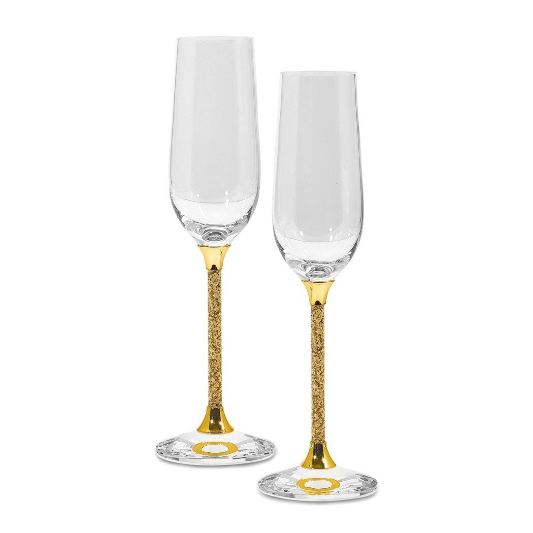 Curata Luxury Giftware Set of 2 Toasting Flute Glasses with 24k Gold Flake Filled Stems with Gift Bag