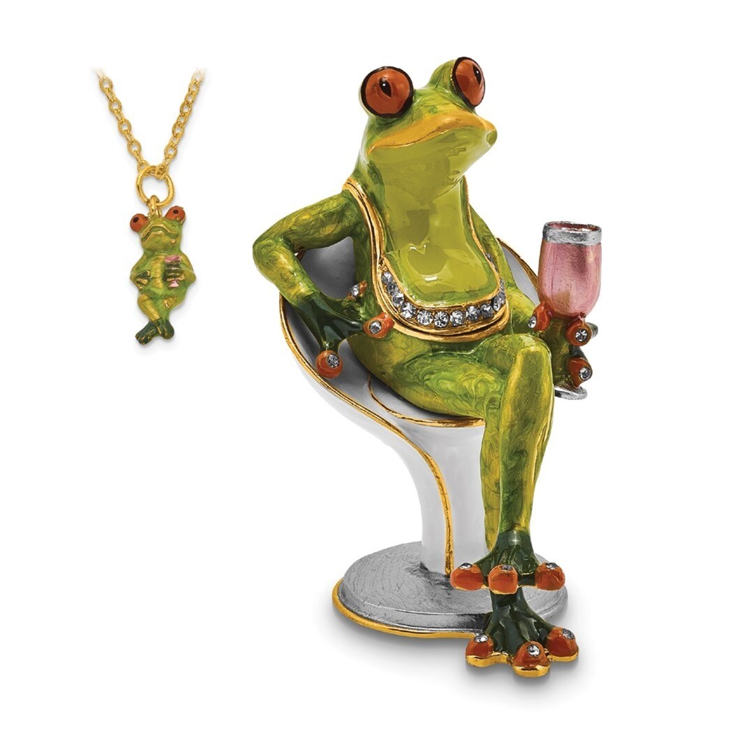 Curata Pewter Bejeweled Crystals Gold-Tone Enameled Vivacious Vino Frog Trinket Box on 18 Inch Necklace