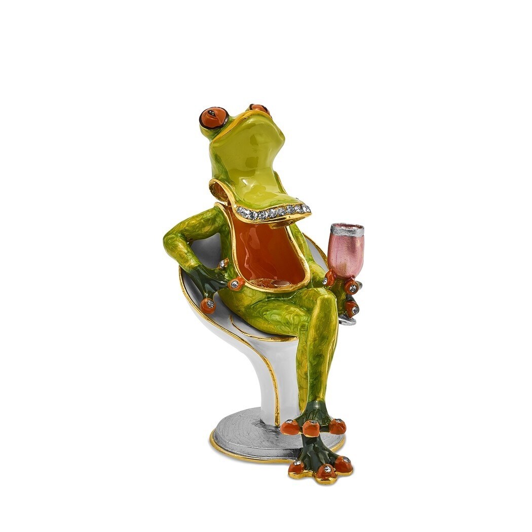 Curata Pewter Bejeweled Crystals Gold-Tone Enameled Vivacious Vino Frog Trinket Box on 18 Inch Necklace