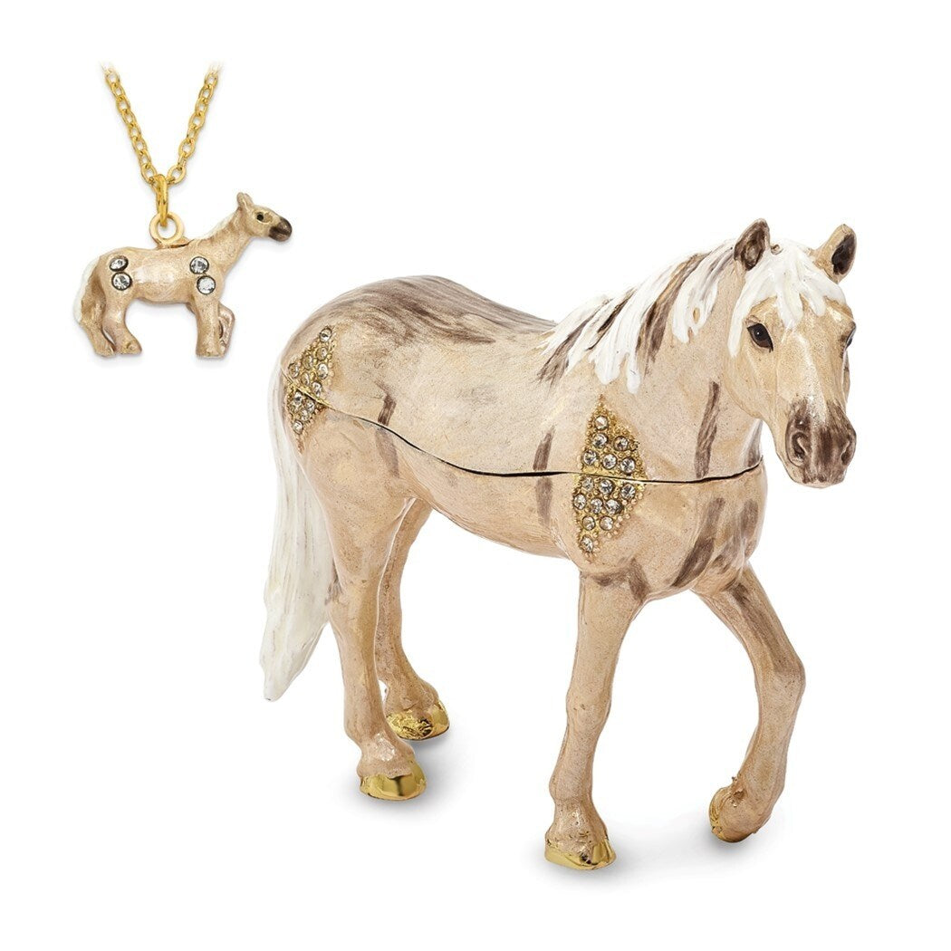 Curata Pewter Bejeweled Crystals Gold-Tone Enameled Wild N Free Pony Trinket Box on 18 Inch Necklace