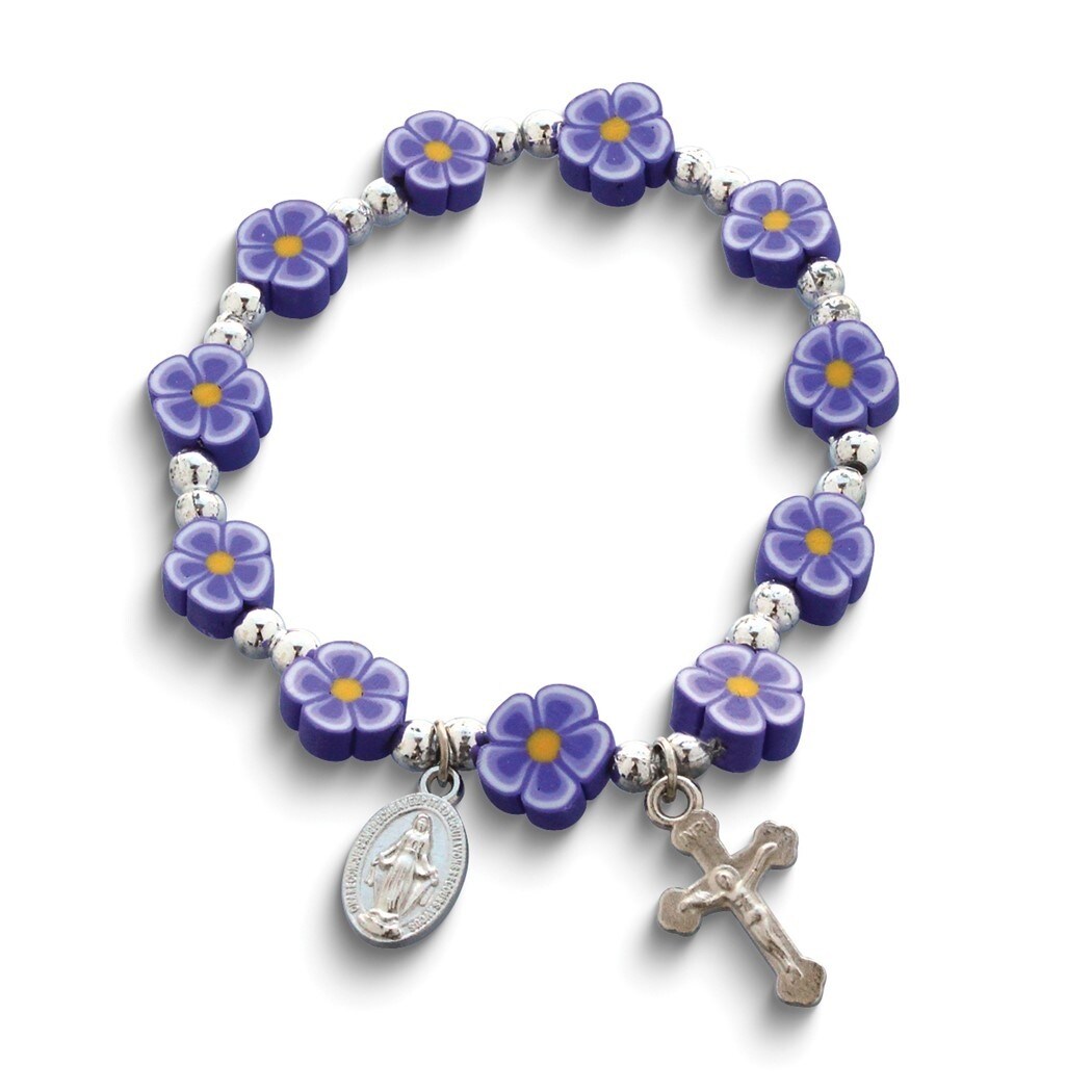Curata Silver-Tone and Purple Fimo Bead Miraculous Medal and Crucifix Rosary Brace
