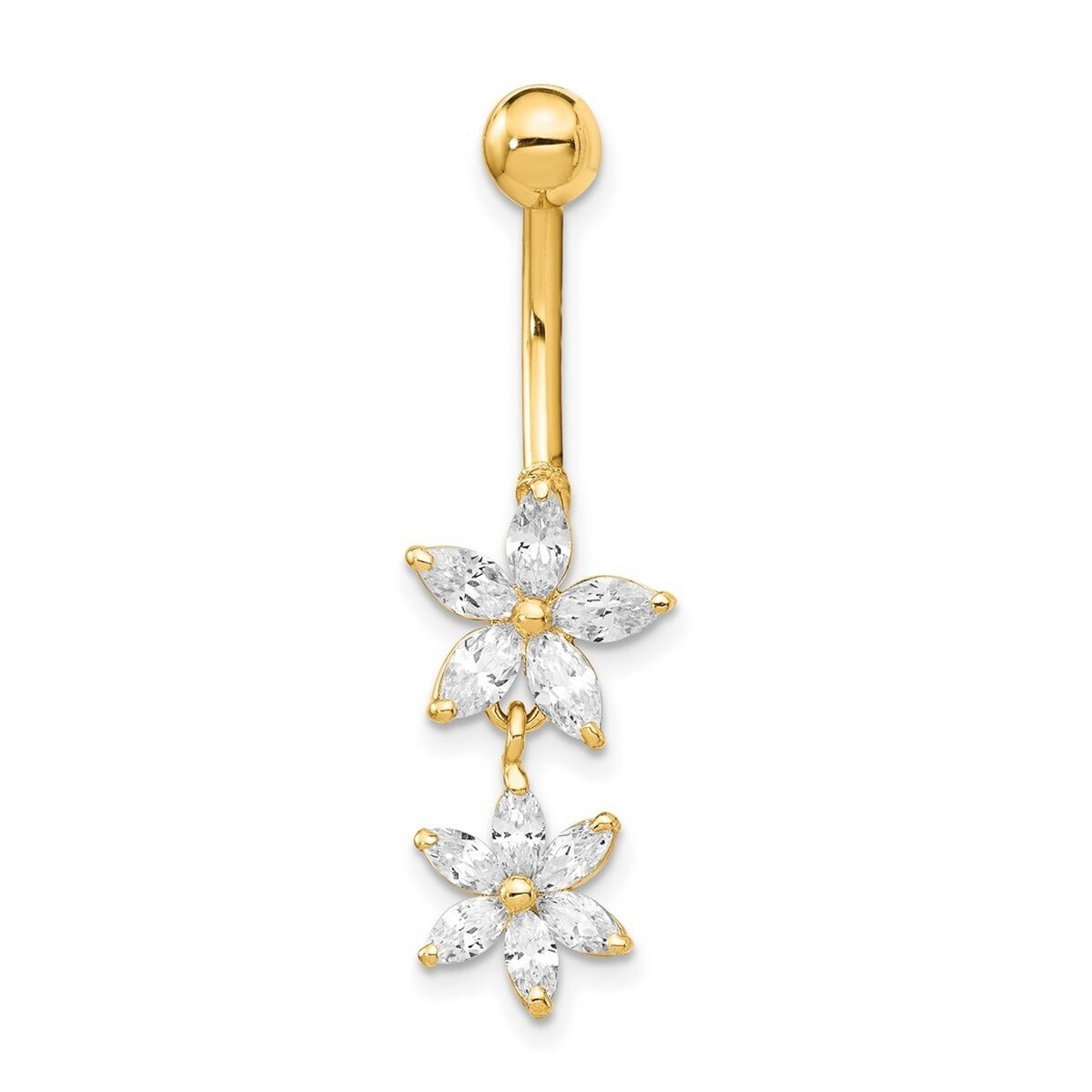 Curata Solid 14k Yellow Gold Cubic Zirconia 10mm 2-flower Dangle Belly Ring (10mm x 20mm)