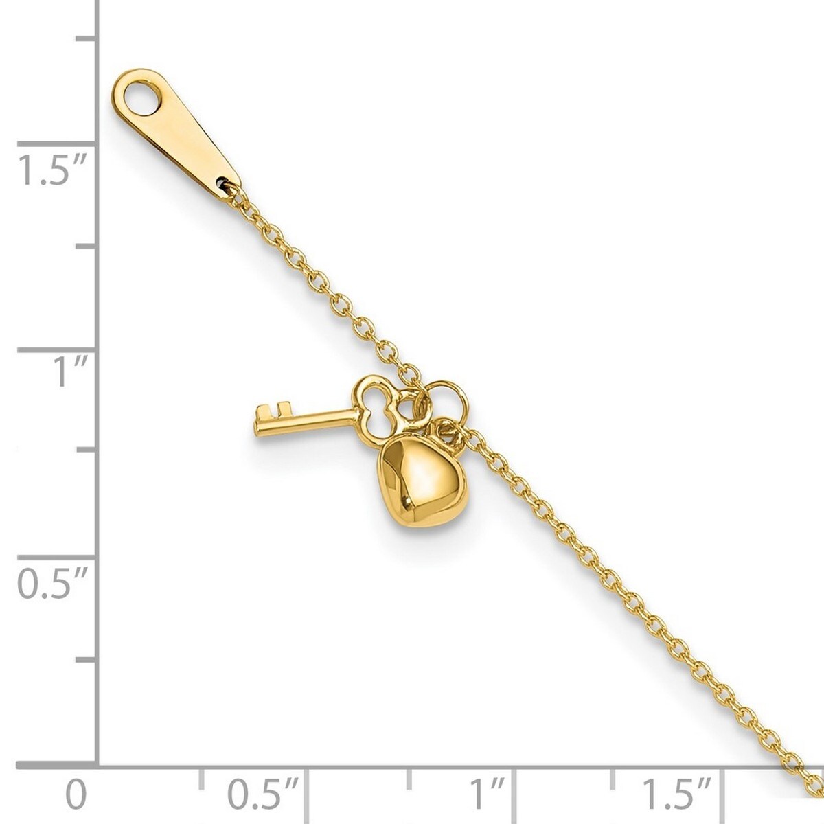 Curata Women's 14k Yellow Gold Gold Heart and Key Anklet - 10 Inch