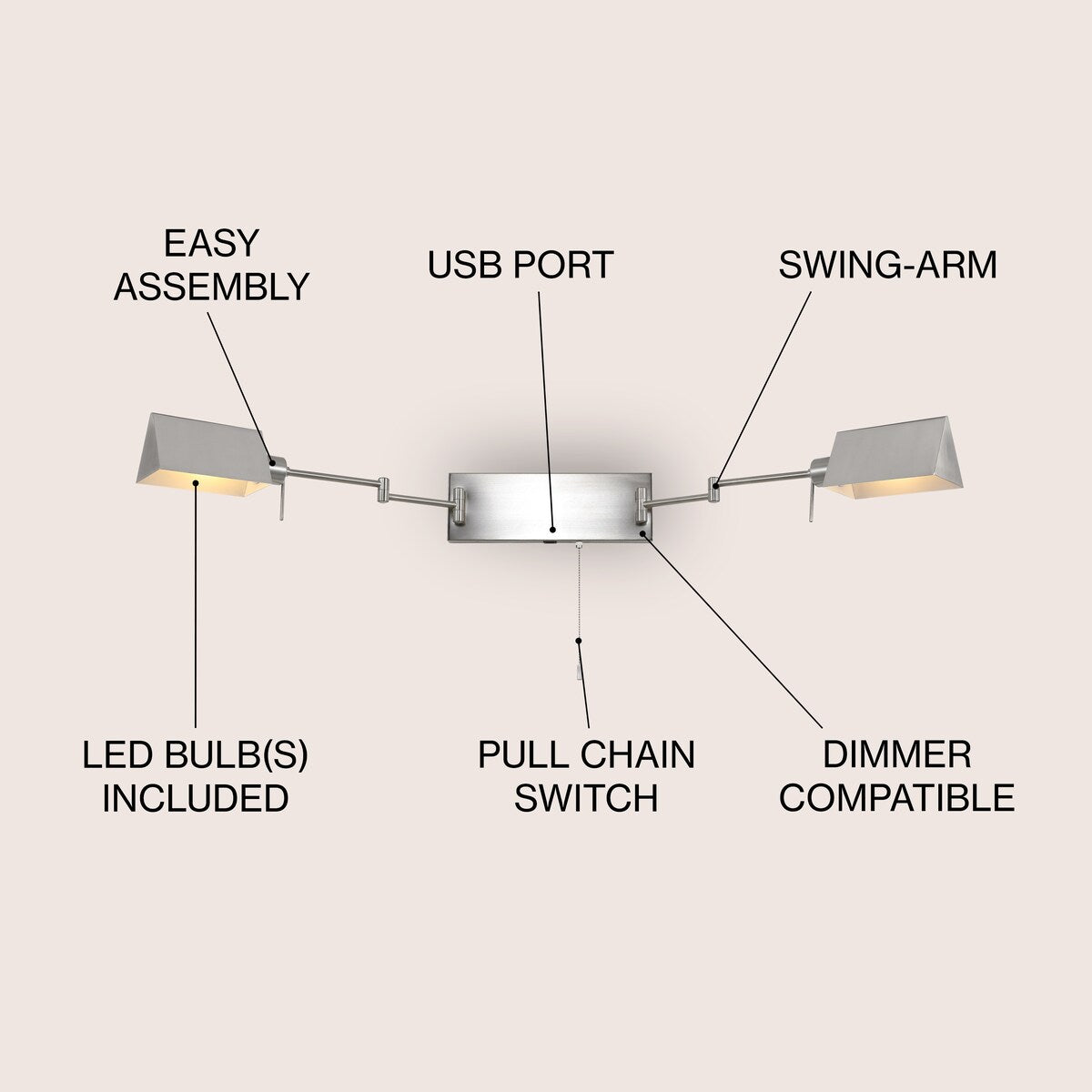 Curtis Farmhouse Swing Arm Plug-In or Hardwired Iron LED Wall Sconce with Pull-Chain with USB Charging Port, by JONATHAN Y