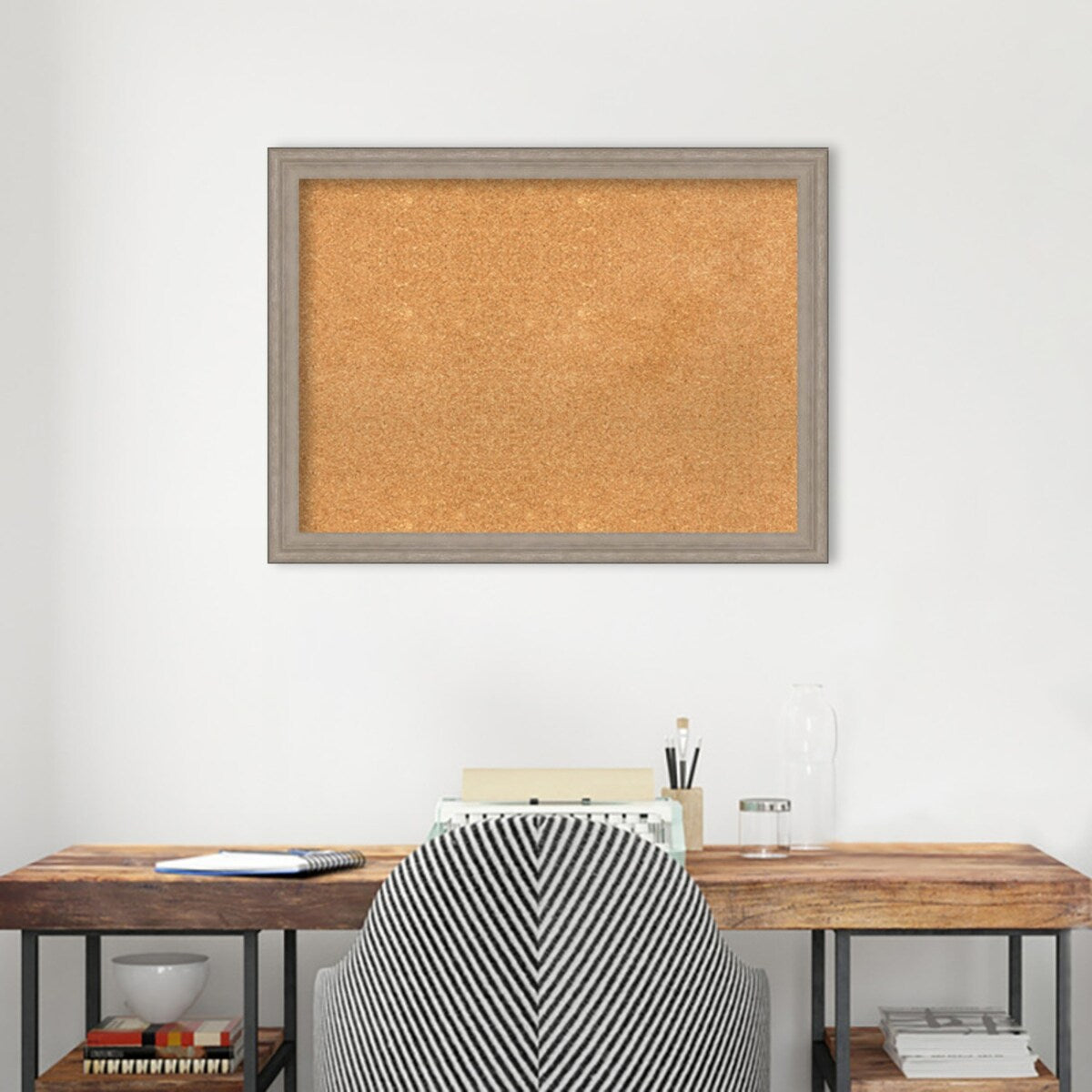 Curve Greywash Wood Framed Natural Corkboard Bulletin Board