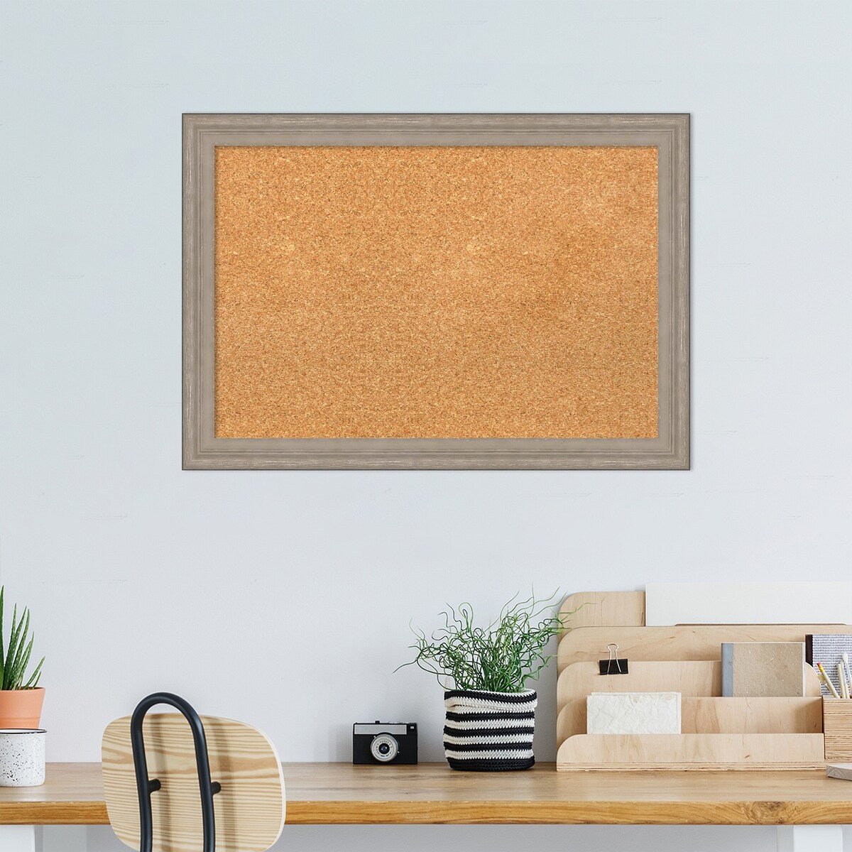 Curve Greywash Wood Framed Natural Corkboard Bulletin Board