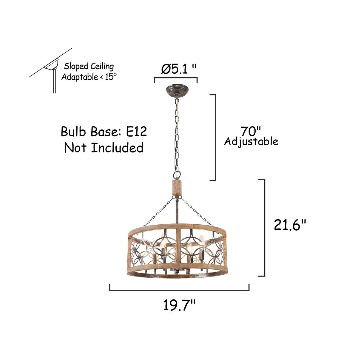 CurveCurio Adjustable Classic 4-Light Drum-Shaped Wood Chandelier with Metal Frame for Dining, Foyer, Entry Light