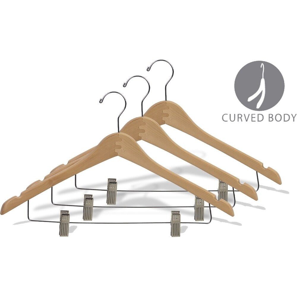 Curved Wooden Combo Hanger with Natural Finish and Adjustable Cushion Clips, 1/2 Inch Thick Hangers with Chrome Hook & Notches