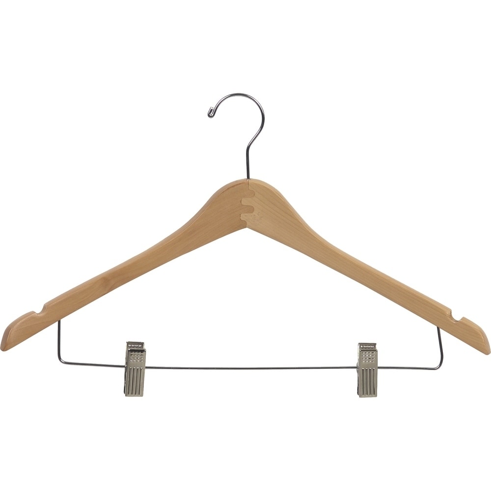 Curved Wooden Combo Hanger with Natural Finish and Adjustable Cushion Clips, 1/2 Inch Thick Hangers with Chrome Hook & Notches