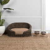 Curvy Classic Handwoven Rattan Dog Bed with Machine-Washable Cushion, Kubu Gray