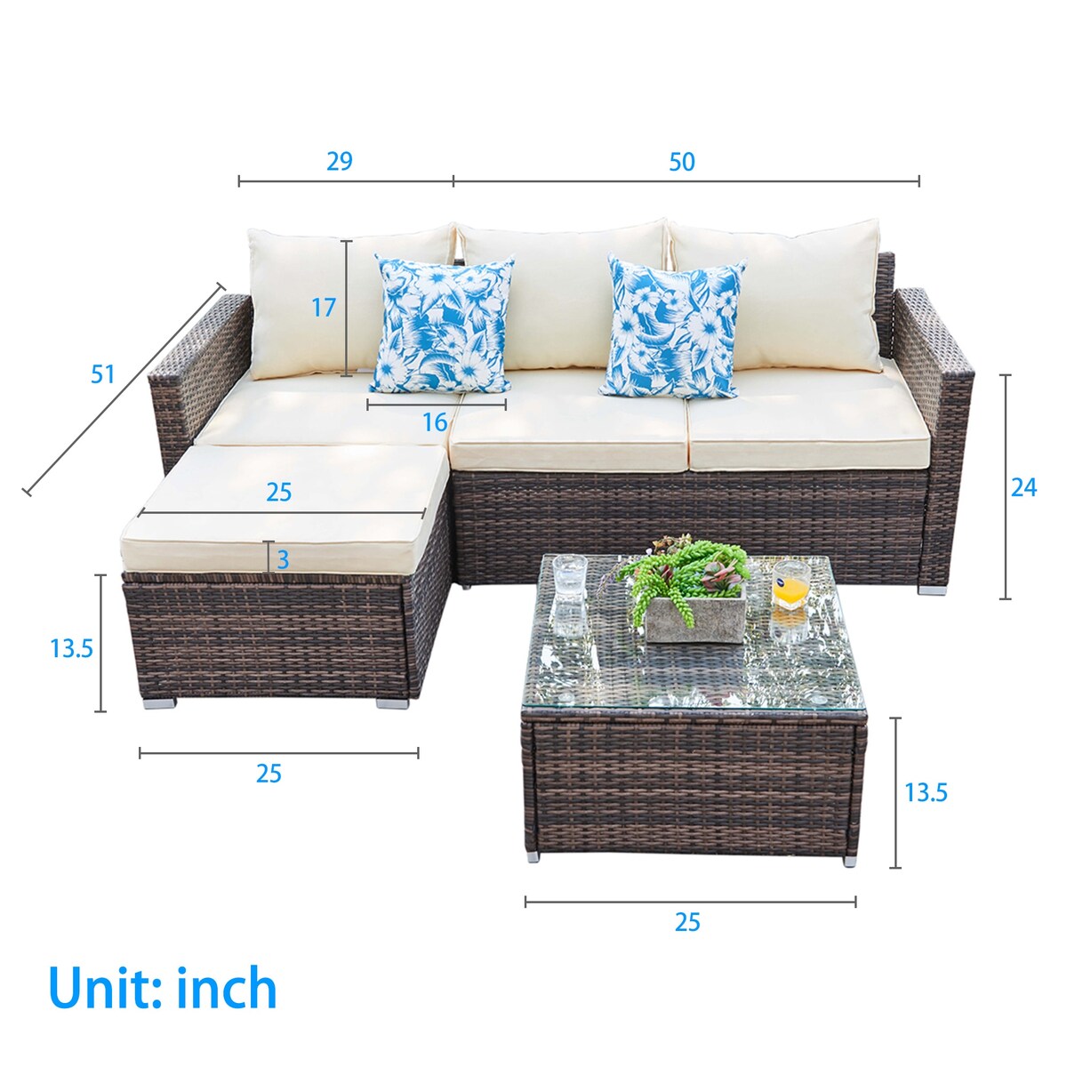 3-piece Outdoor Sectional Furniture All-weather Wicker Patio Conversation sets, Beige