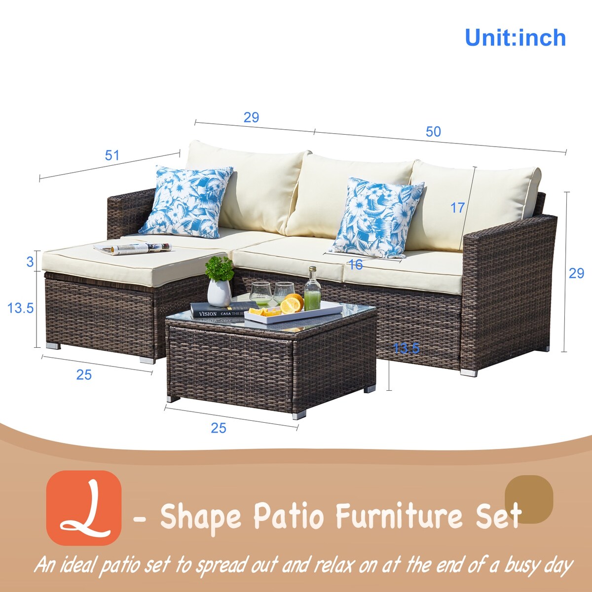 3-piece Outdoor Sectional Furniture All-weather Wicker Patio Conversation sets, Beige