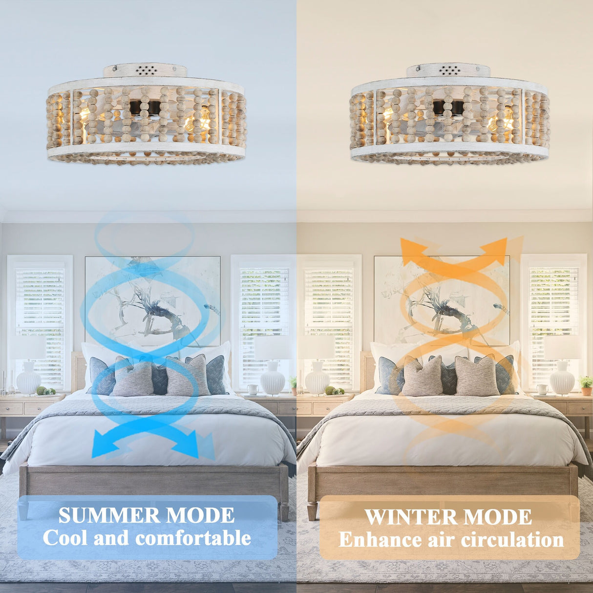 Cusp Barn 19" Rustic Boho Caged Ceiling Fan with Lights, Wood Beaded Flush Mount Fandelier, Low Profile Quiet Motor for Bedroom