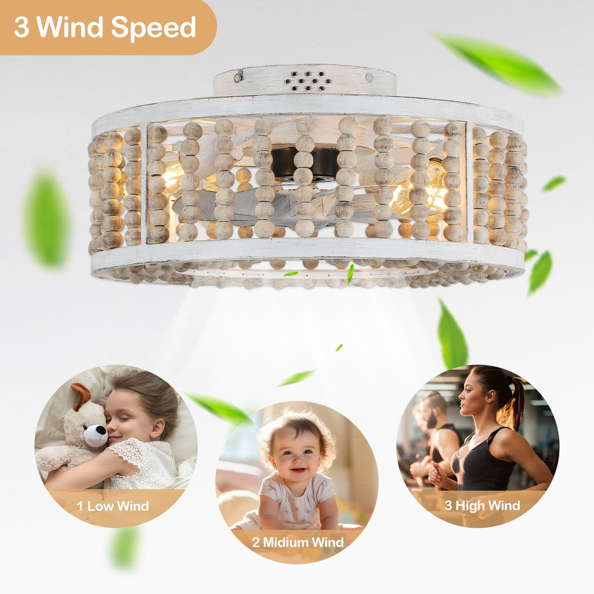 Cusp Barn 19" Rustic Boho Caged Ceiling Fan with Lights, Wood Beaded Flush Mount Fandelier, Low Profile Quiet Motor for Bedroom
