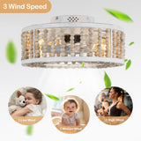 Cusp Barn 19" Rustic Boho Caged Ceiling Fan with Lights, Wood Beaded Flush Mount Fandelier, Low Profile Quiet Motor for Bedroom