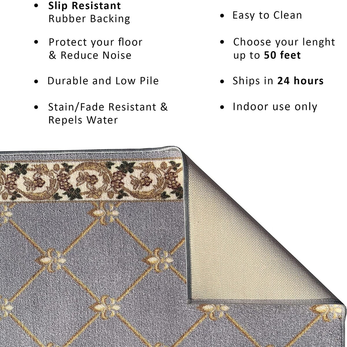 Custom Size Fleur De Lis 26 Inch Wide Non-Slip Stair Runner Rug