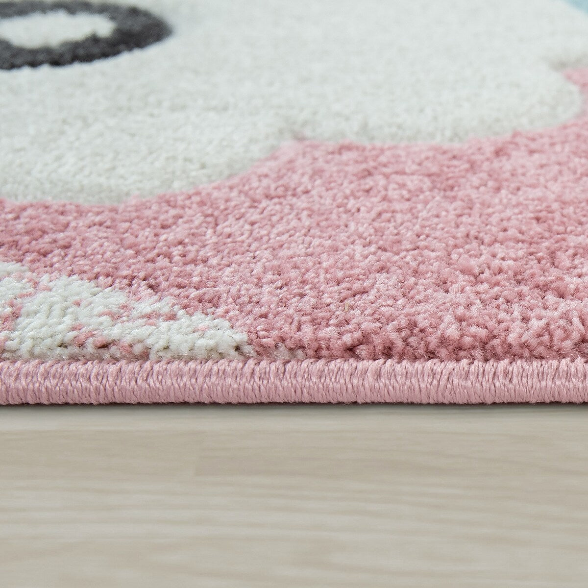 Cute Kids Rug with happy Llama for Nursery in Pink White and Grey