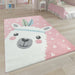 Cute Kids Rug with happy Llama for Nursery in Pink White and Grey