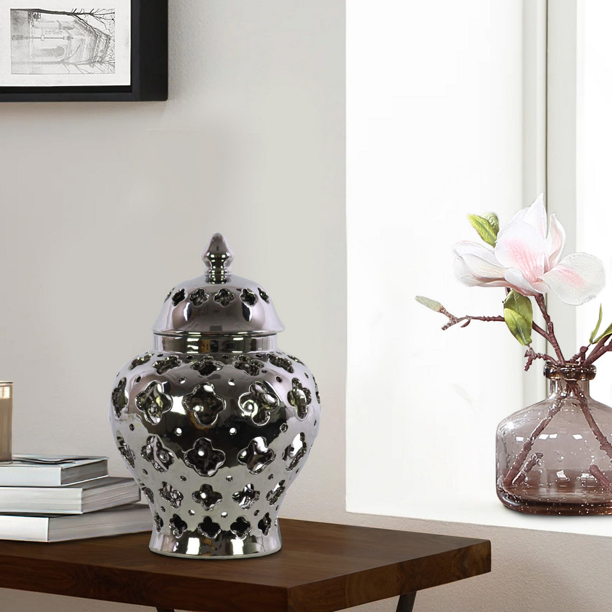 Cutout Quatrefoil Pattern Ceramic Urn Vase With Tapered Bottom, Large, Silver