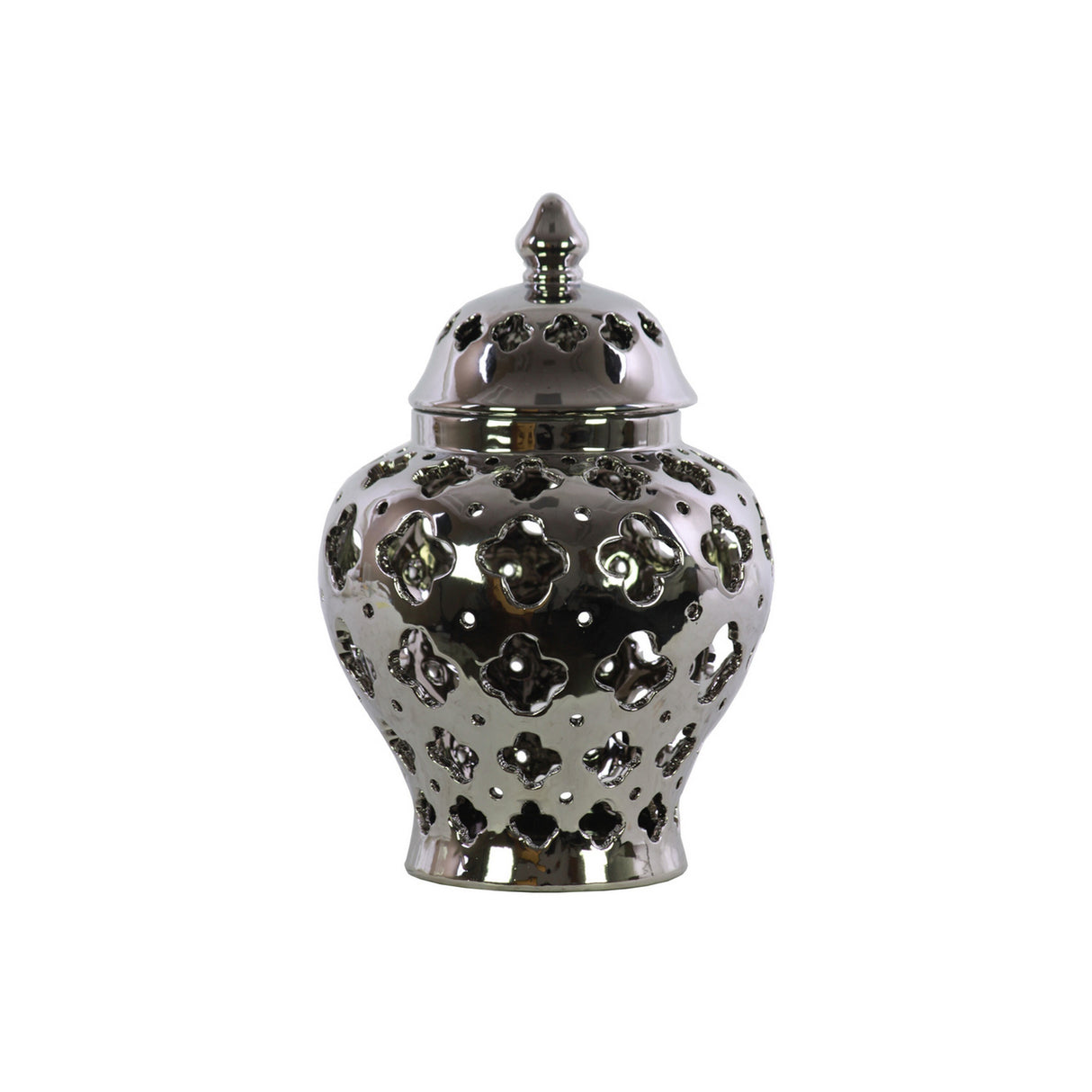 Cutout Quatrefoil Pattern Ceramic Urn Vase With Tapered Bottom, Large, Silver