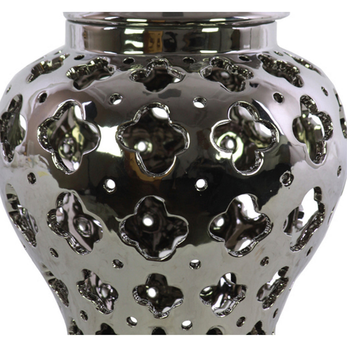 Cutout Quatrefoil Pattern Ceramic Urn Vase With Tapered Bottom, Large, Silver
