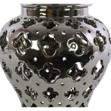 Cutout Quatrefoil Pattern Ceramic Urn Vase With Tapered Bottom, Large, Silver