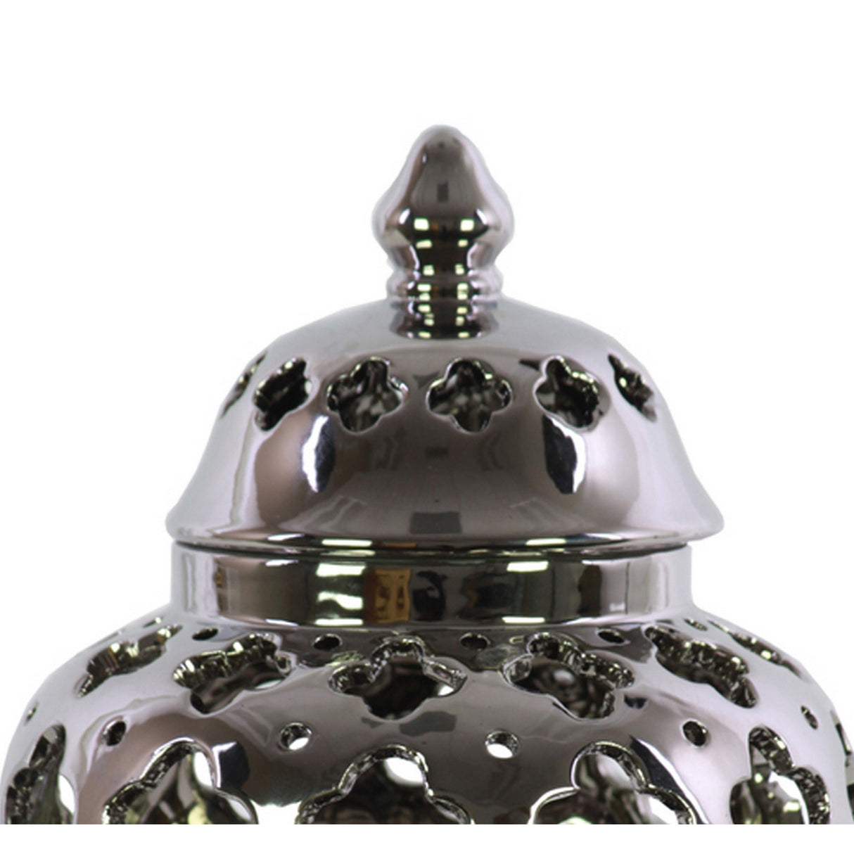 Cutout Quatrefoil Pattern Ceramic Urn Vase With Tapered Bottom, Large, Silver