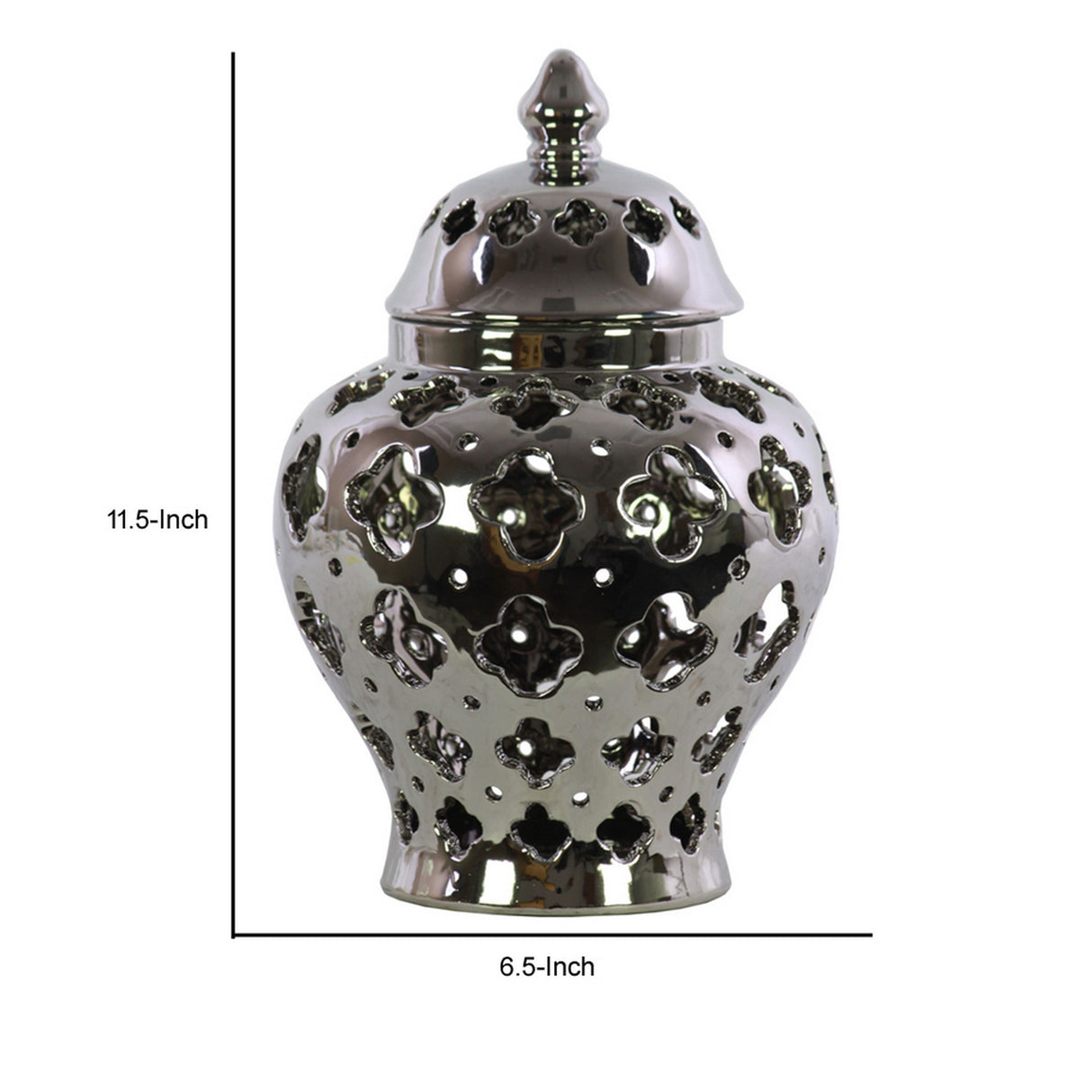 Cutout Quatrefoil Pattern Ceramic Urn Vase With Tapered Bottom, Large, Silver