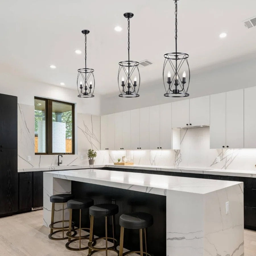 Black Island Pendant Lighting Cylinder Lantern Chandelier 3 Light, Modern LED Hanging Ceiling Light