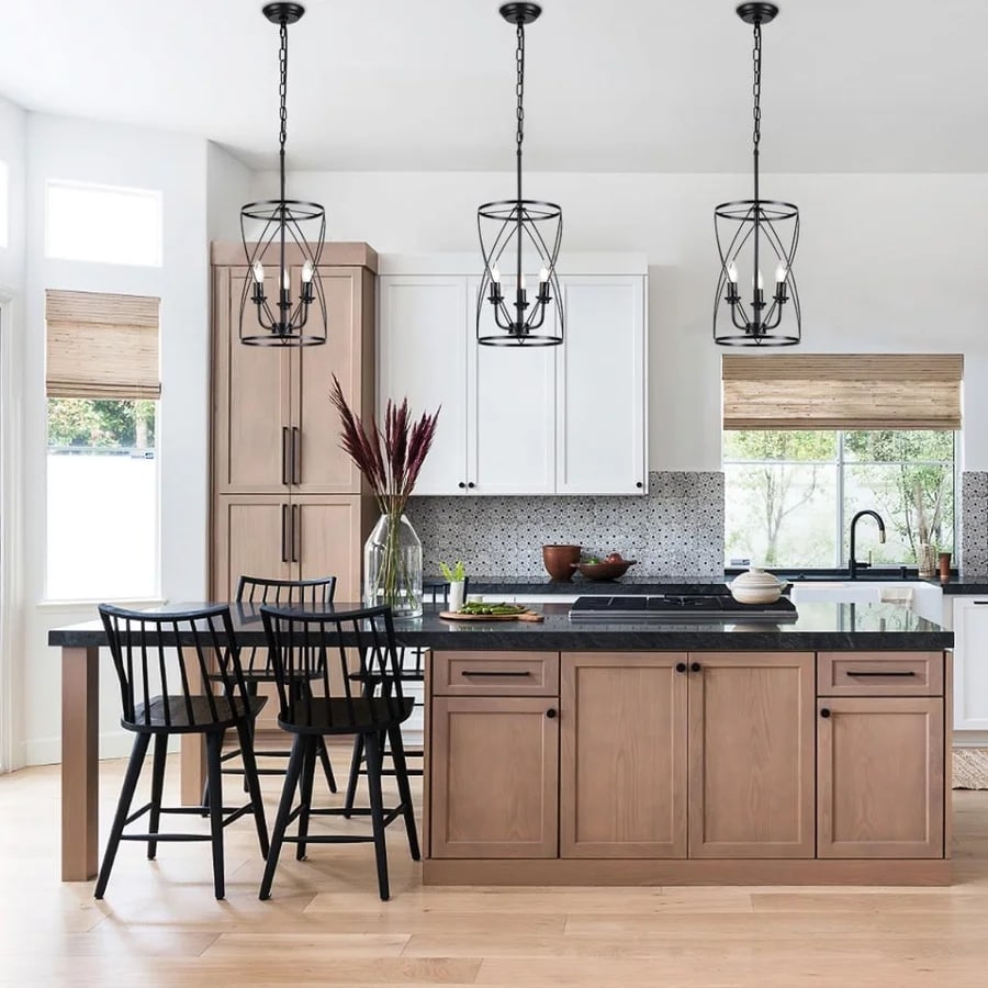 Black Island Pendant Lighting Cylinder Lantern Chandelier 3 Light, Modern LED Hanging Ceiling Light