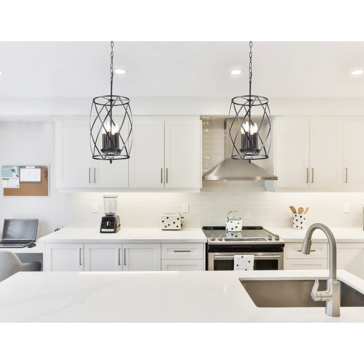 Black Island Pendant Lighting Cylinder Lantern Chandelier 3 Light, Modern LED Hanging Ceiling Light